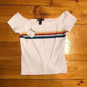 Off the shoulder rainbow striped white tee
